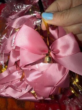 Pink Satin Bow Ornaments with Gold Bells